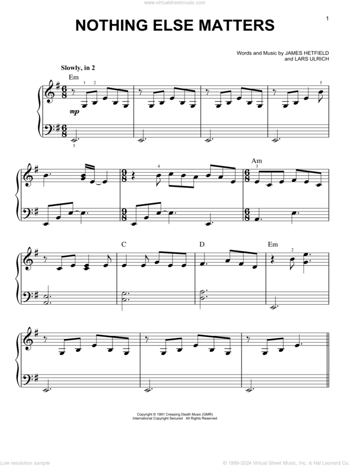 Nothing Else Matters, (easy) sheet music for piano solo by Metallica, James Hetfield and Lars Ulrich, easy skill level