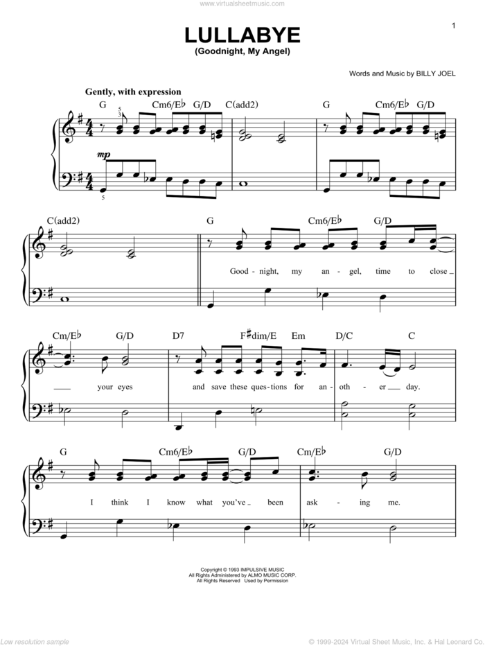 Lullabye (Goodnight, My Angel), (easy) sheet music for piano solo by Billy Joel, easy skill level