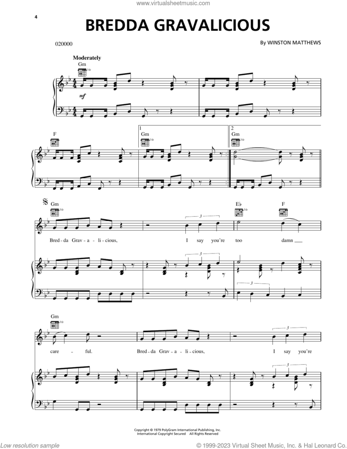 Bredda Gravalicious sheet music for voice, piano or guitar by The Wailing Souls and Winston Matthews, intermediate skill level