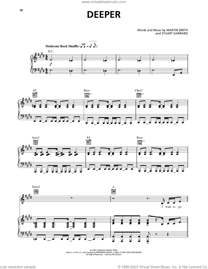 Deeper sheet music for voice, piano or guitar by Delirious?, Martin Smith and Stuart Garrard, intermediate skill level
