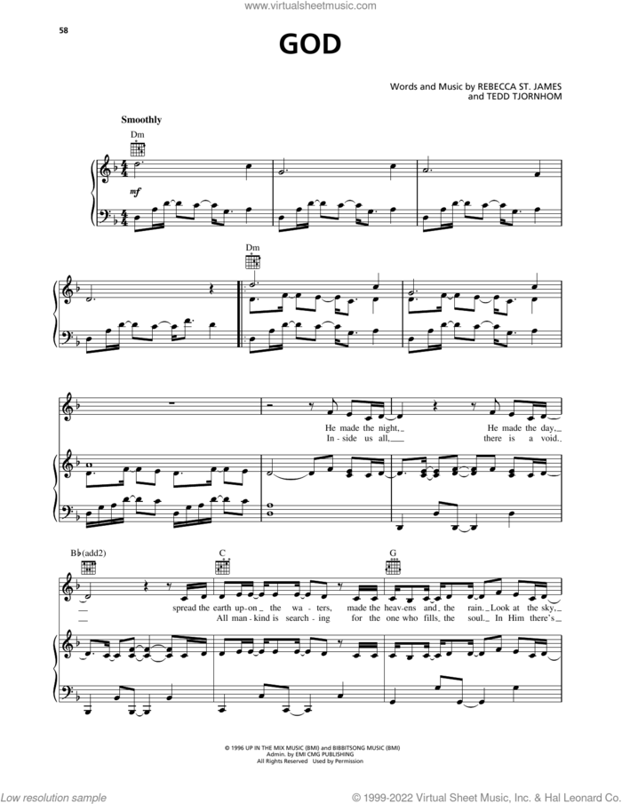 God sheet music for voice, piano or guitar by Rebecca St. James and Tedd Tjornhom, intermediate skill level