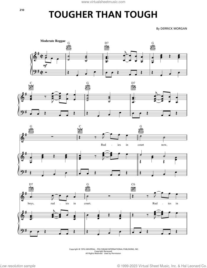 Tougher Than Tough sheet music for voice, piano or guitar by Derrick Morgan, intermediate skill level