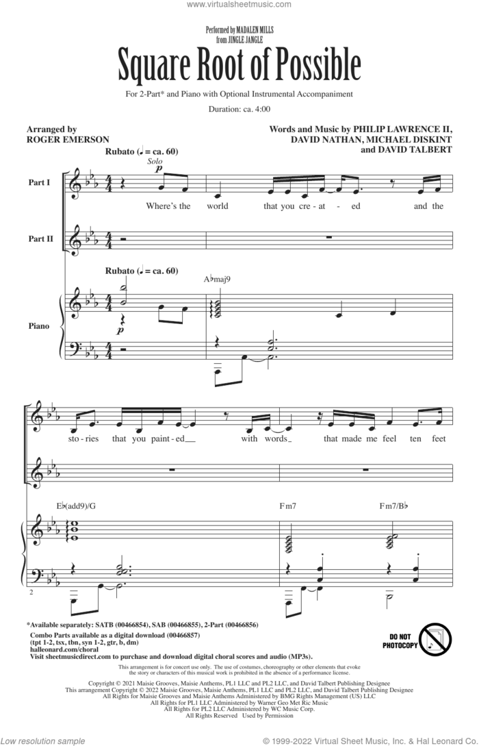 Square Root Of Possible (from Jingle Jangle) (arr. Roger Emerson) sheet music for choir (2-Part) by Madalen Mills, Roger Emerson, David Nathan, David Talbert, Michael Diskint and Philip Lawrence, intermediate duet