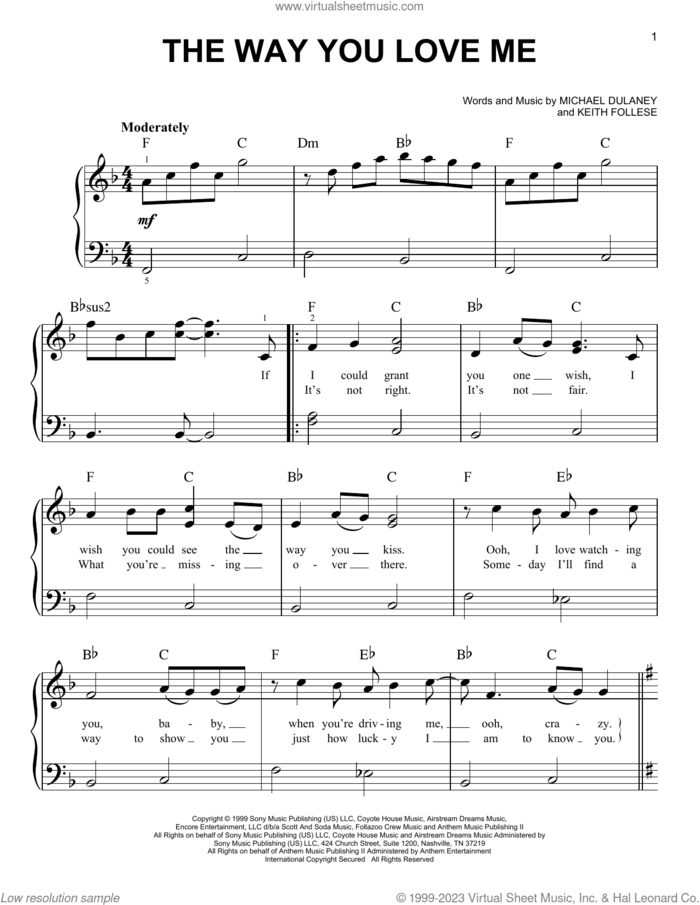 The Way You Love Me, (beginner) sheet music for piano solo by Faith Hill, Keith Follese and Michael Dulaney, beginner skill level