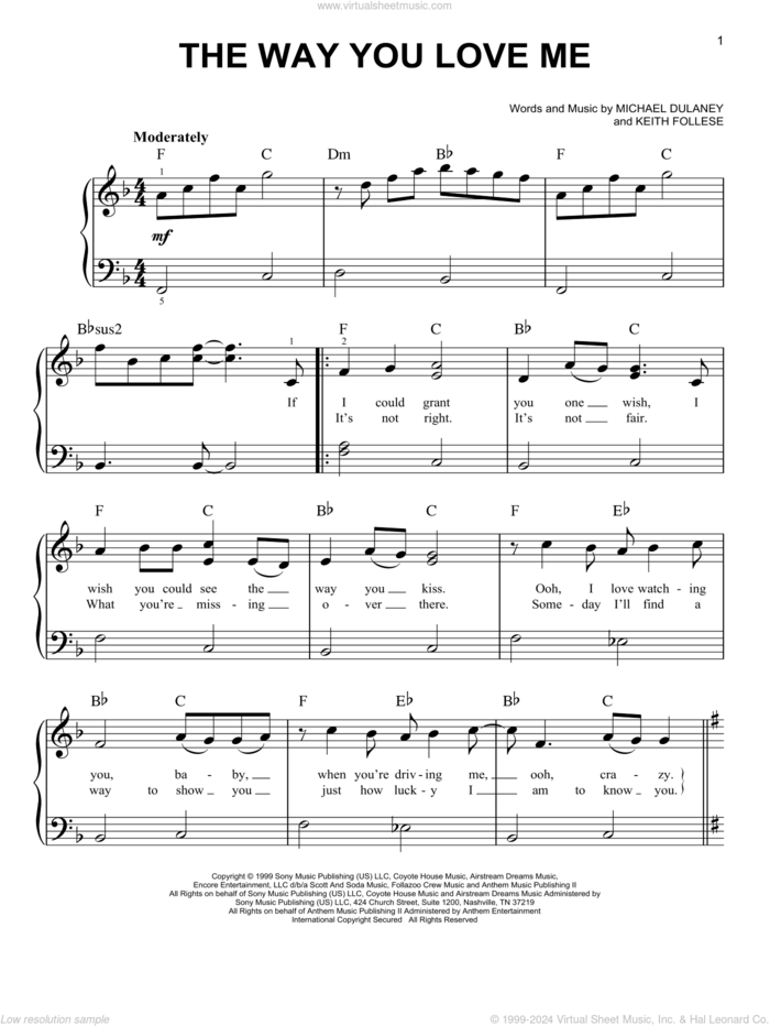 The Way You Love Me, (beginner) sheet music for piano solo by Faith Hill, Keith Follese and Michael Dulaney, beginner skill level