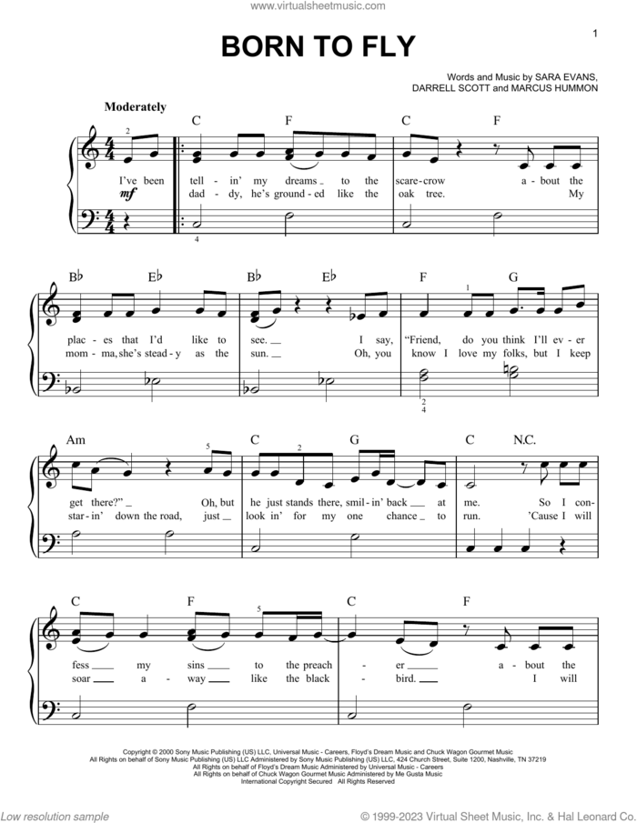 Born To Fly sheet music for piano solo by Sara Evans, Darrell Scott and Marcus Hummon, beginner skill level