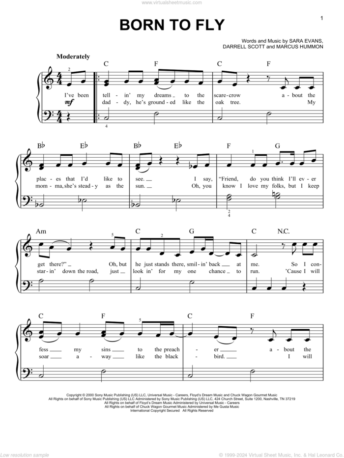 Born To Fly sheet music for piano solo by Sara Evans, Darrell Scott and Marcus Hummon, beginner skill level