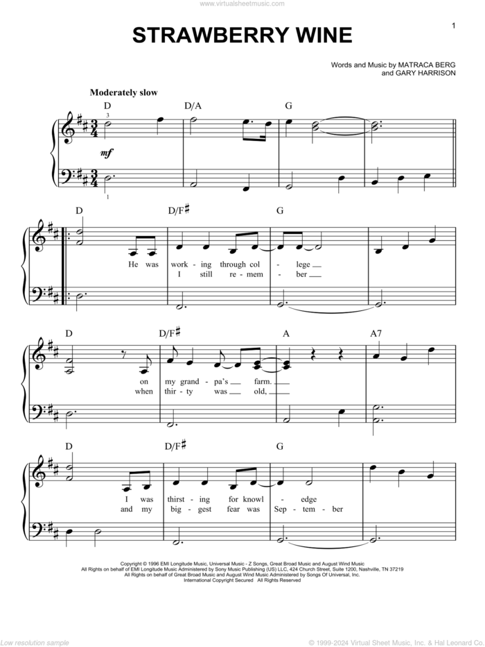 Strawberry Wine, (beginner) sheet music for piano solo by Deana Carter, Gary Harrison and Matraca Berg, beginner skill level