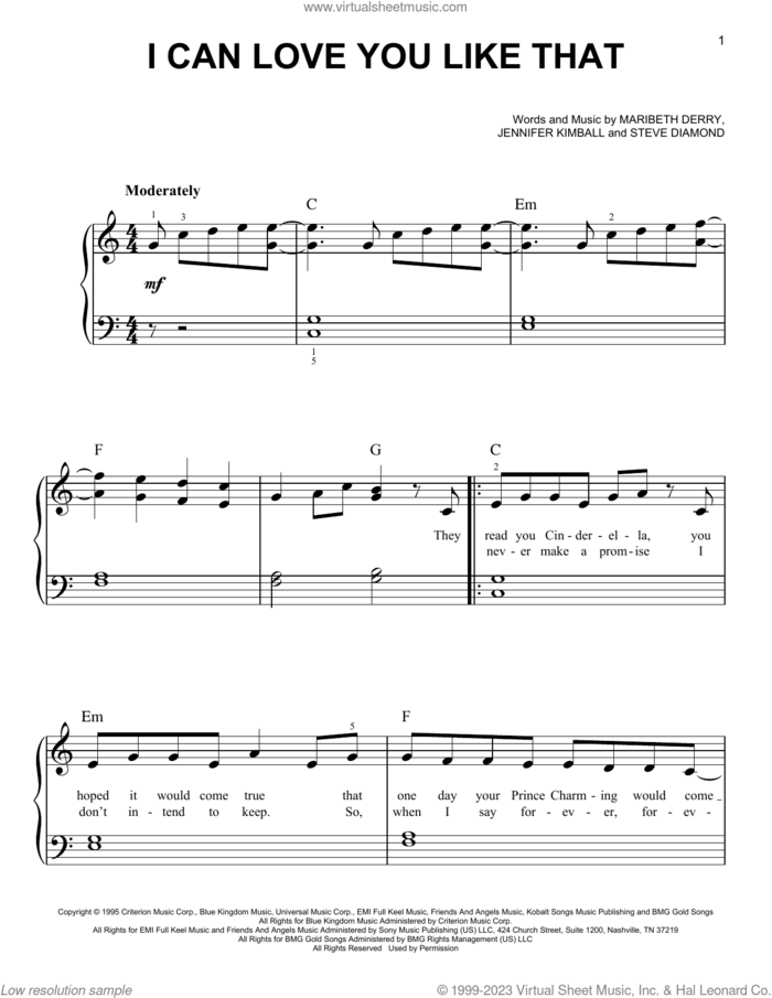 I Can Love You Like That, (beginner) sheet music for piano solo by John Michael Montgomery, All-4-One, Jennifer Kimball, Maribeth Derry and Steve Diamond, beginner skill level