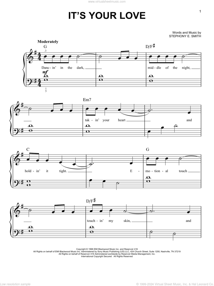 It's Your Love sheet music for piano solo by Faith Hill with Tim McGraw and Stephony E. Smith, beginner skill level