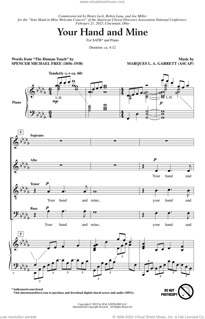 Your Hand and Mine sheet music for choir (SATB: soprano, alto, tenor, bass) by Marques L.A. Garrett and Spencer Michael Free, intermediate skill level