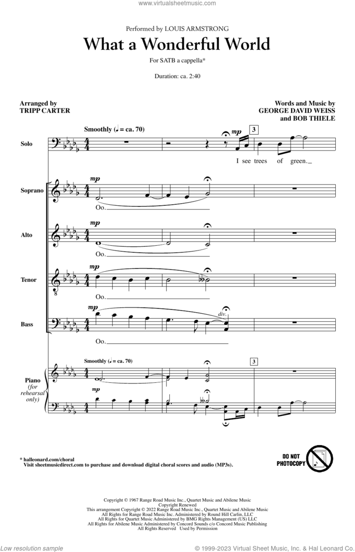 What A Wonderful World (arr. Tripp Carter) sheet music for choir (SATB: soprano, alto, tenor, bass) by Louis Armstrong, Tripp Carter, Bob Thiele and George David Weiss, intermediate skill level