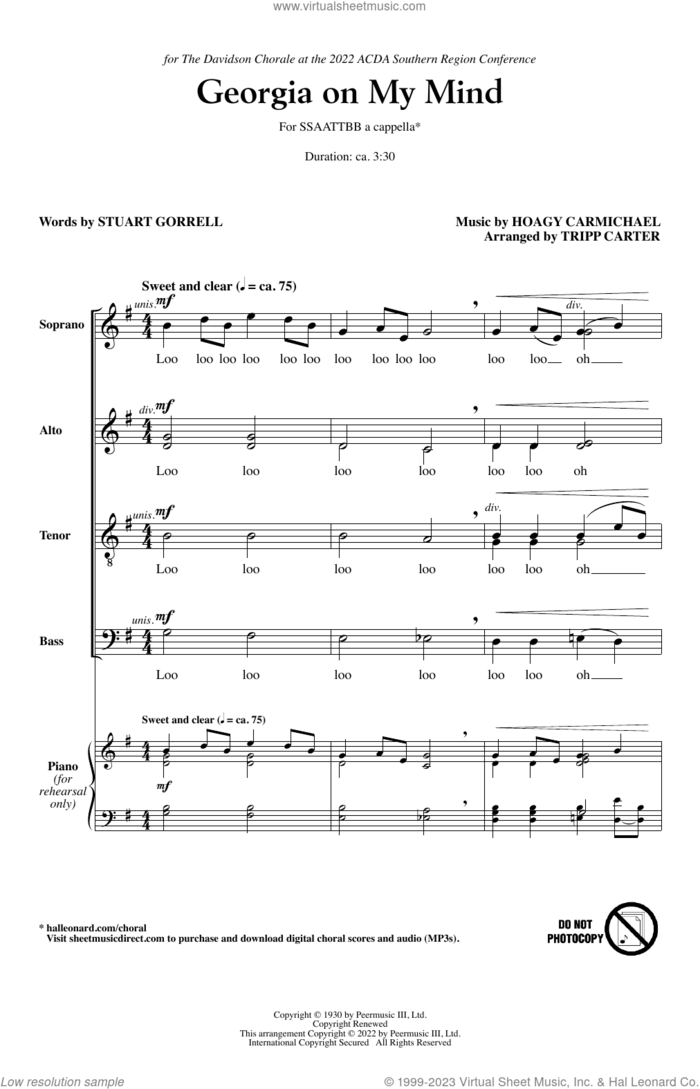 Georgia On My Mind (arr. Tripp Carter) sheet music for choir (SSAATTBB) by Ray Charles, Tripp Carter, Willie Nelson, Hoagy Carmichael and Stuart Gorrell, intermediate skill level