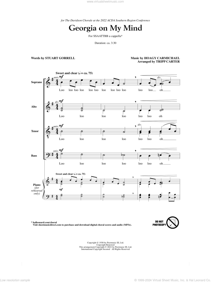 Georgia On My Mind (arr. Tripp Carter) sheet music for choir (SSAATTBB) by Ray Charles, Tripp Carter, Willie Nelson, Hoagy Carmichael and Stuart Gorrell, intermediate skill level