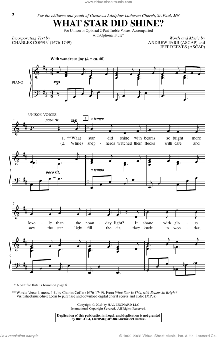 What Star Did Shine? sheet music for choir (Unison, 2-Part Treble) by Andrew Parr and Jeff Reeves, Andrew Parr and Jeff Reeves, intermediate skill level