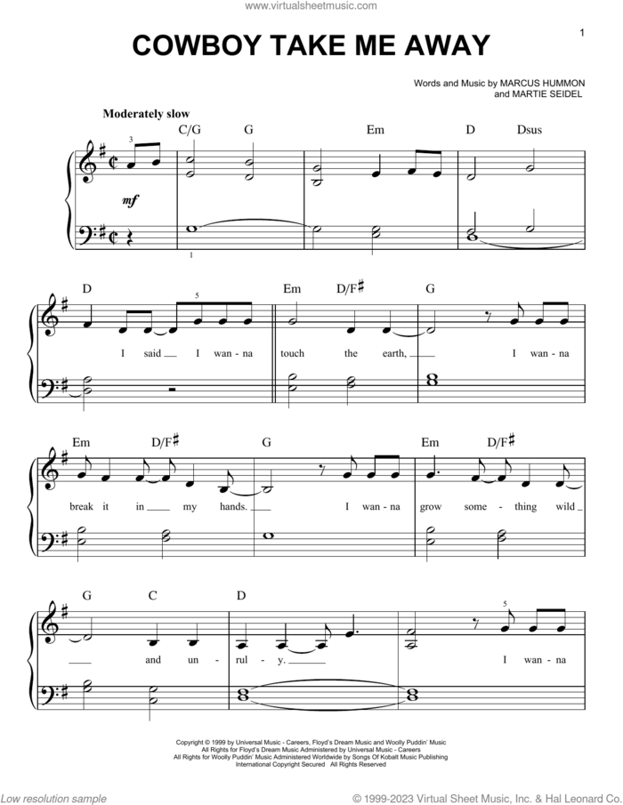 Cowboy Take Me Away, (beginner) sheet music for piano solo by The Chicks, Dixie Chicks, Marcus Hummon and Martie Seidel, beginner skill level