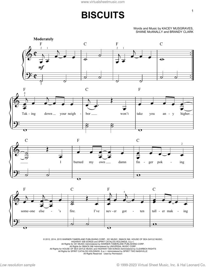 Biscuits, (beginner) sheet music for piano solo by Kacey Musgraves, Brandy Clark and Shane McAnally, beginner skill level