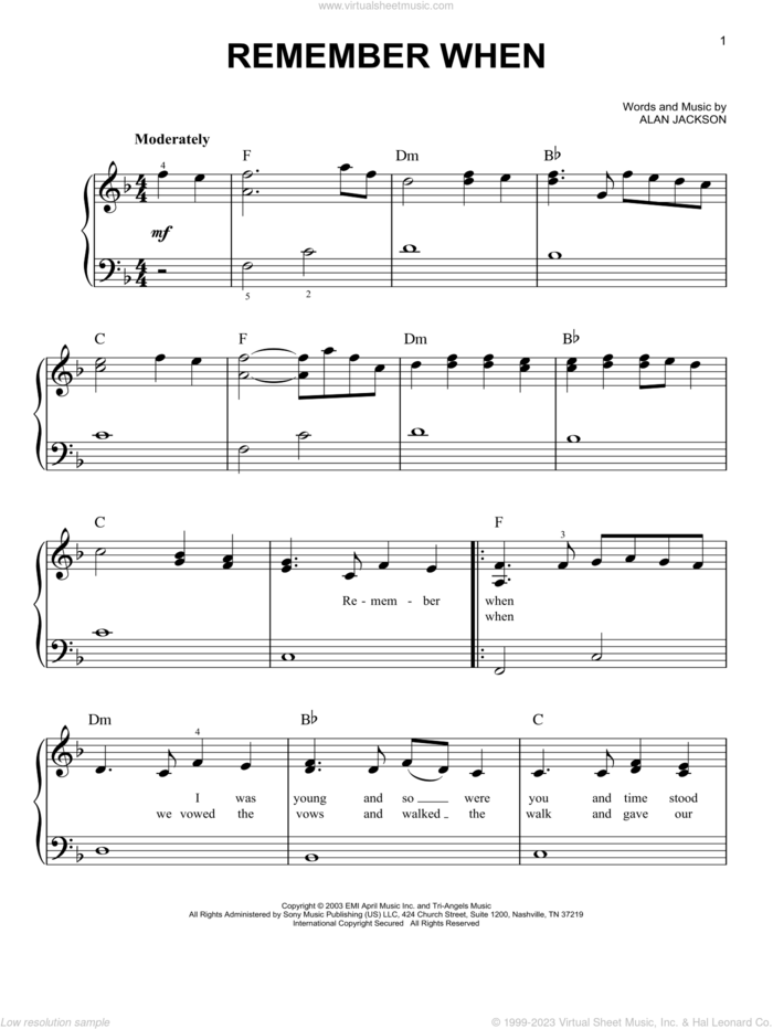 Remember When, (beginner) sheet music for piano solo by Alan Jackson, beginner skill level