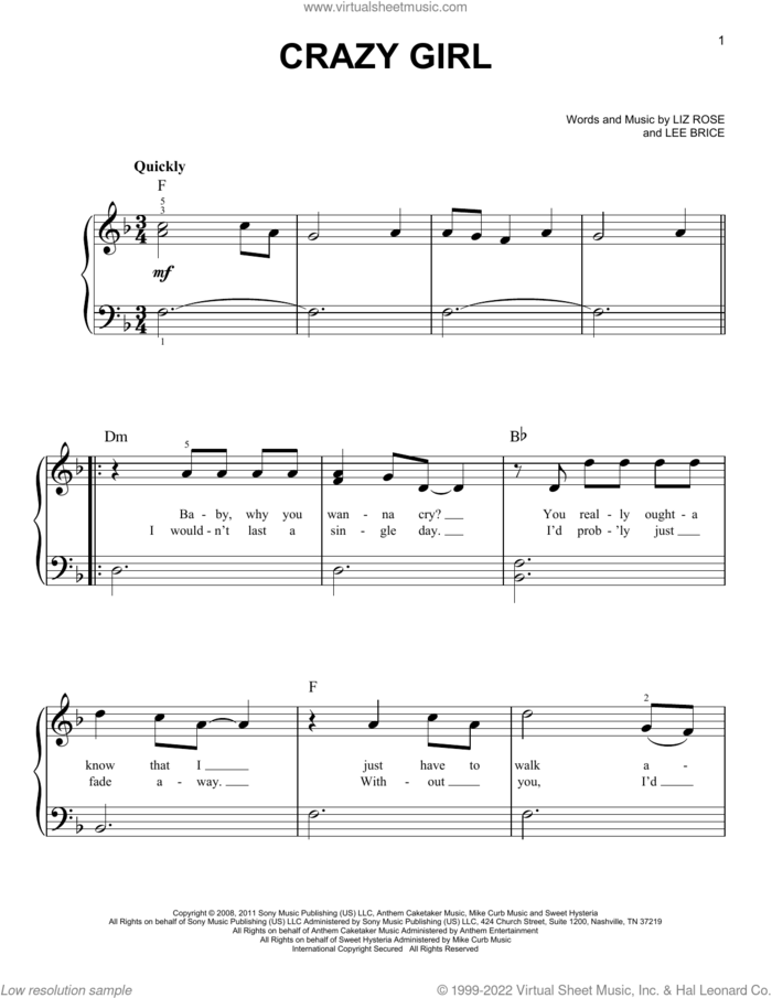 Crazy Girl sheet music for piano solo by Eli Young Band, Lee Brice and Liz Rose, beginner skill level