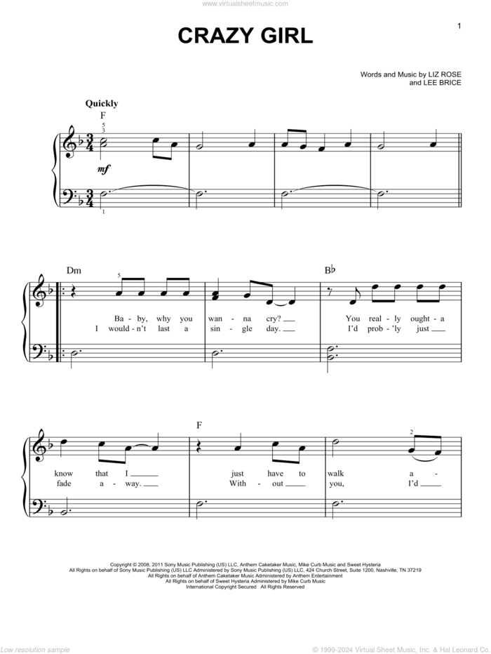 Crazy Girl sheet music for piano solo by Eli Young Band, Lee Brice and Liz Rose, beginner skill level