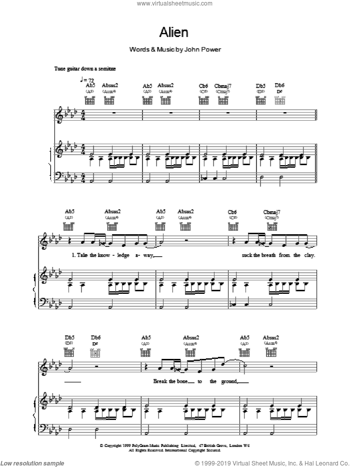 Alien sheet music for voice, piano or guitar by John Power, intermediate skill level