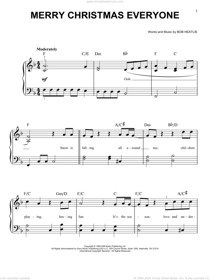 Merry Christmas Everyone sheet music for piano solo by Shakin' Stevens and Bob Heatlie, easy skill level