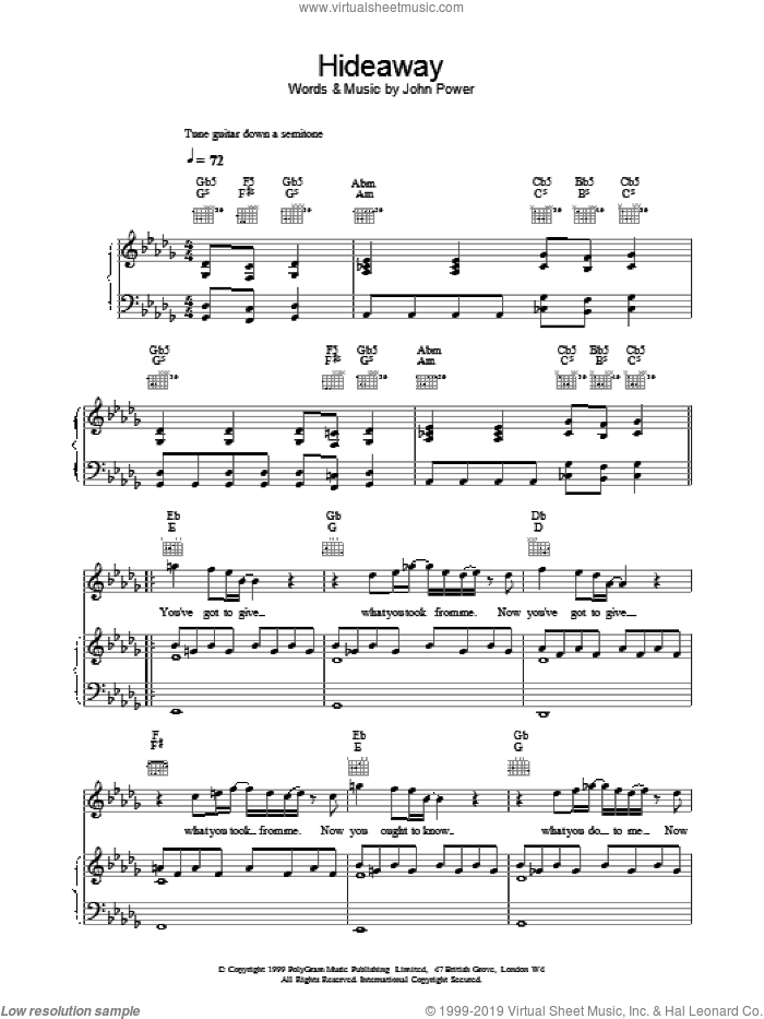 Hideaway sheet music for voice, piano or guitar by John Power, intermediate skill level