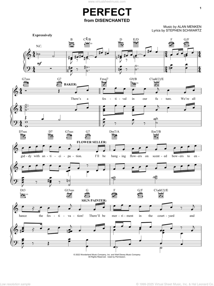 Perfect (from Disenchanted) sheet music for voice, piano or guitar by Disenchanted Cast, Ann Harada, Gabriella Baldacchino, James Monroe Iglehart, Michael McCorry Rose, Alan Menken and Stephen Schwartz, intermediate skill level