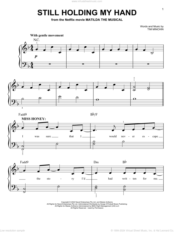 Still Holding My Hand (from the Netflix movie Matilda The Musical) sheet music for piano solo by Tim Minchin, easy skill level