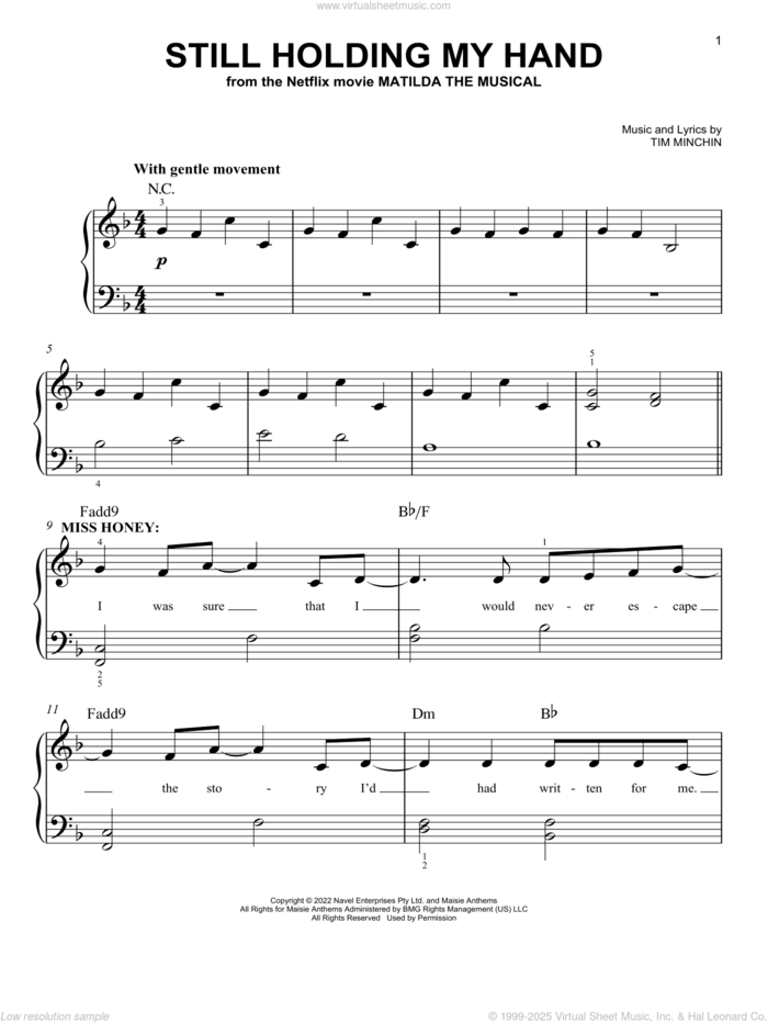 Still Holding My Hand (from the Netflix movie Matilda The Musical) sheet music for piano solo by Tim Minchin, easy skill level