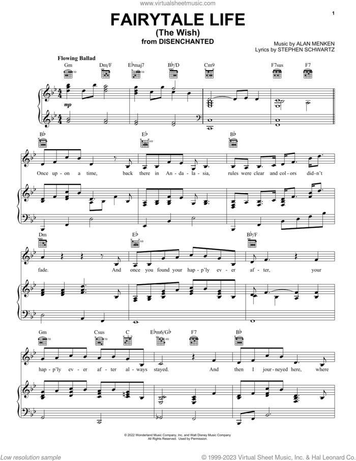 Fairytale Life (The Wish) (from Disenchanted) sheet music for voice, piano or guitar by Amy Adams, Alan Menken and Stephen Schwartz, intermediate skill level