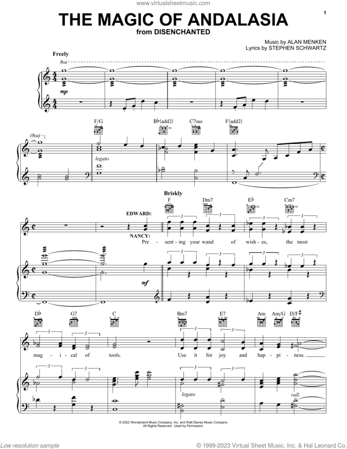 The Magic Of Andalasia (from Disenchanted) sheet music for voice, piano or guitar by James Marsden and Idina Menzel, Alan Menken and Stephen Schwartz, intermediate skill level