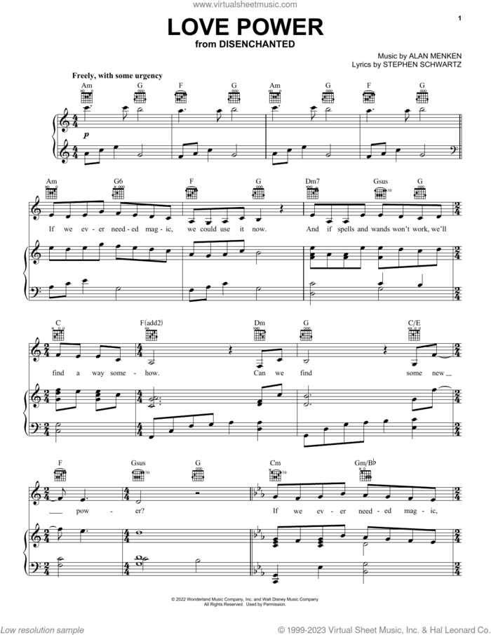 Love Power (from Disenchanted) sheet music for voice, piano or guitar by Idina Menzel, Alan Menken and Stephen Schwartz, intermediate skill level