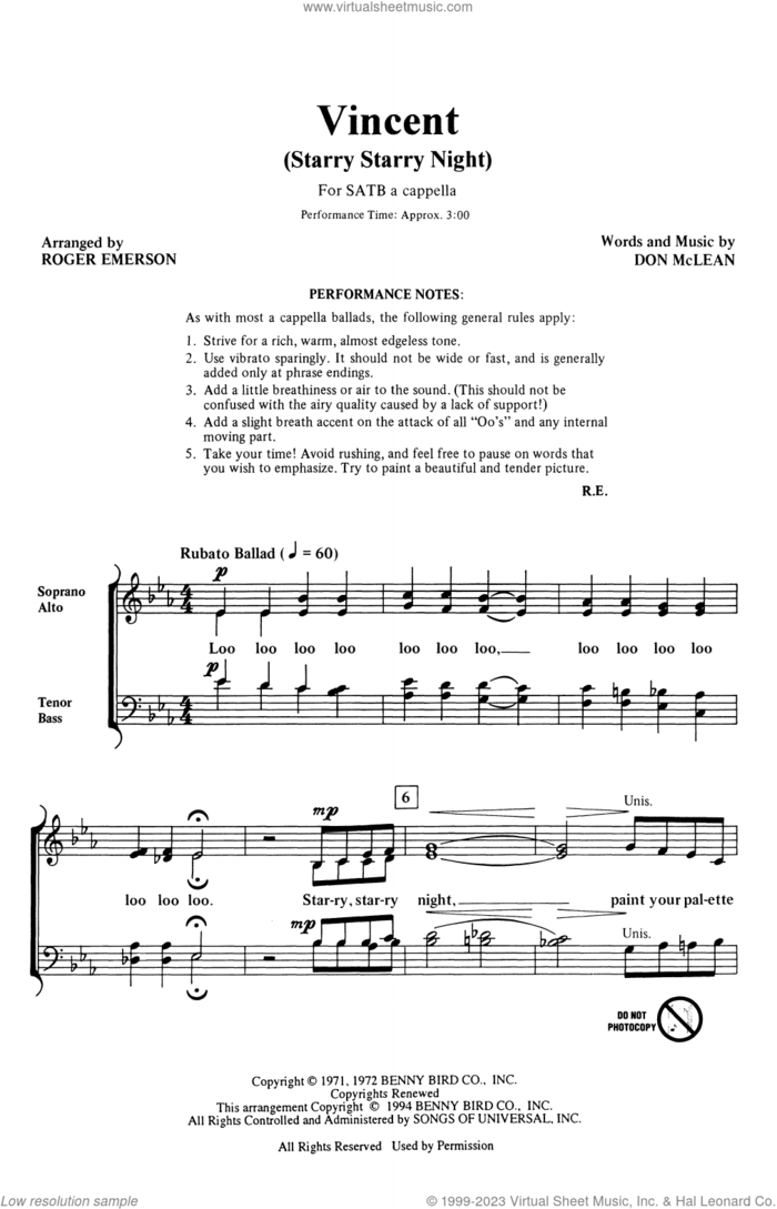 Vincent (Starry Starry Night) (arr. Roger Emerson) sheet music for choir (SATB: soprano, alto, tenor, bass) by Don McLean and Roger Emerson, intermediate skill level