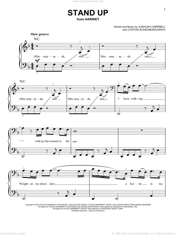 Stand Up (from Harriet) sheet music for piano solo by Cynthia Erivo, Cynthia Echeumuna-Erivo and Joshuah Campbell, easy skill level