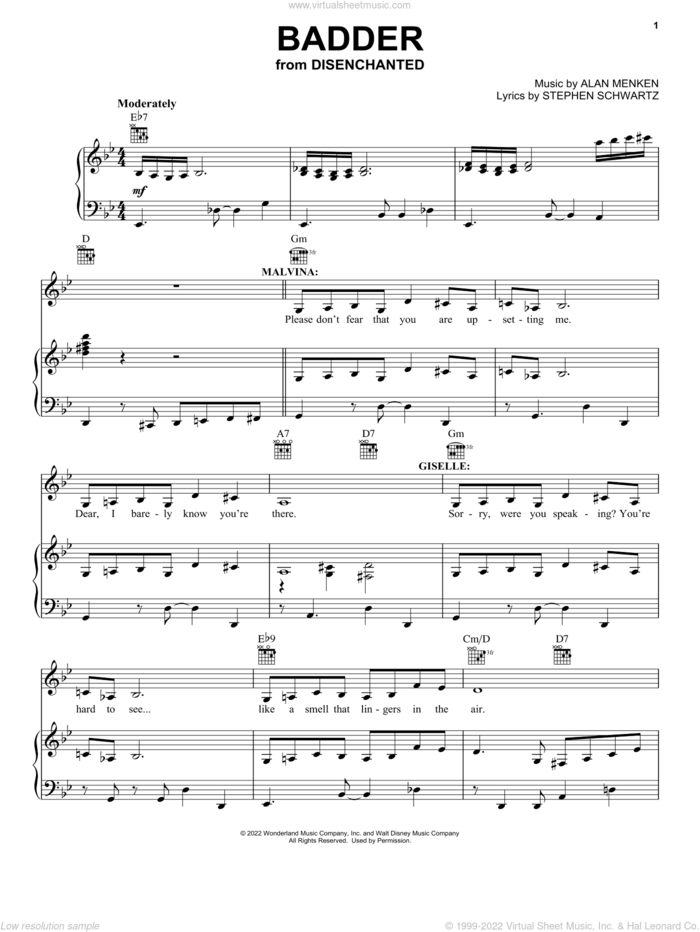 Badder (from Disenchanted) sheet music for voice, piano or guitar by Amy Adams and Maya Rudolph, Alan Menken and Stephen Schwartz, intermediate skill level
