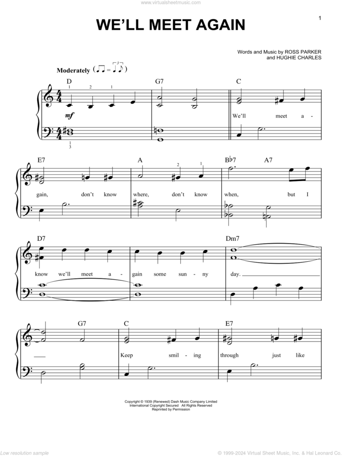 We'll Meet Again sheet music for piano solo by Ross Parker and Hughie Charles, Vera Lynn, Hughie Charles and Ross Parker, easy skill level