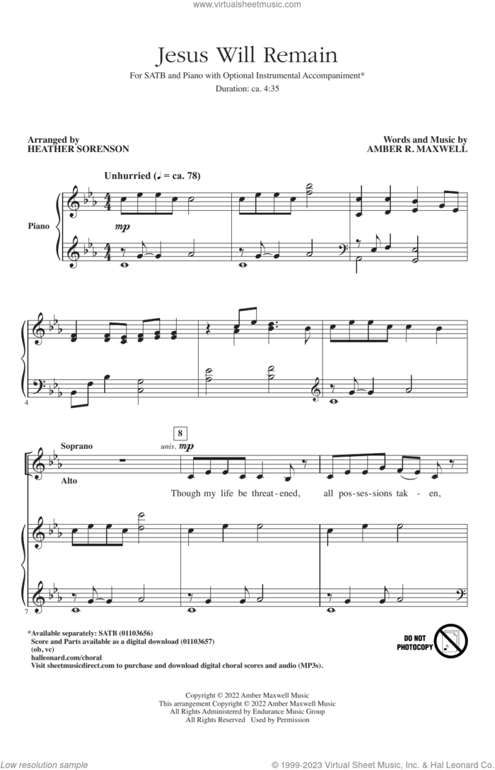Jesus Will Remain (arr. Heather Sorenson) sheet music for choir (SATB: soprano, alto, tenor, bass) by Amber R. Maxwell and Heather Sorenson, intermediate skill level