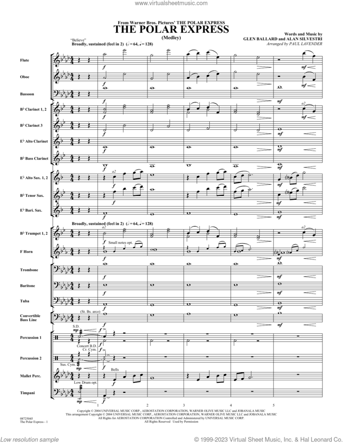 The Polar Express (Medley) (arr. Paul Lavender) (COMPLETE) sheet music for concert band by Glen Ballard and Alan Silvestri, Alan Silvestri, Glen Ballard and Paul Lavender, intermediate skill level