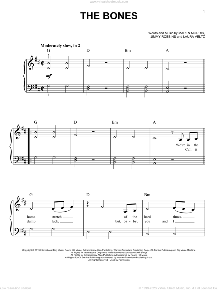 The Bones sheet music for piano solo by Maren Morris, Jimmy Robbins and Laura Veltz, beginner skill level