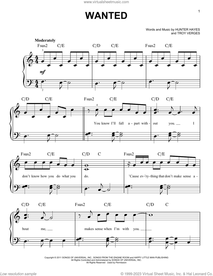 Wanted, (beginner) sheet music for piano solo by Hunter Hayes and Troy Verges, beginner skill level