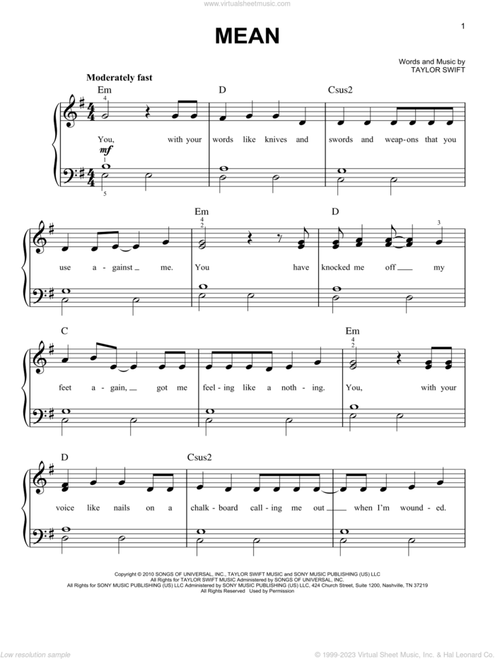 Mean sheet music for piano solo by Taylor Swift, beginner skill level