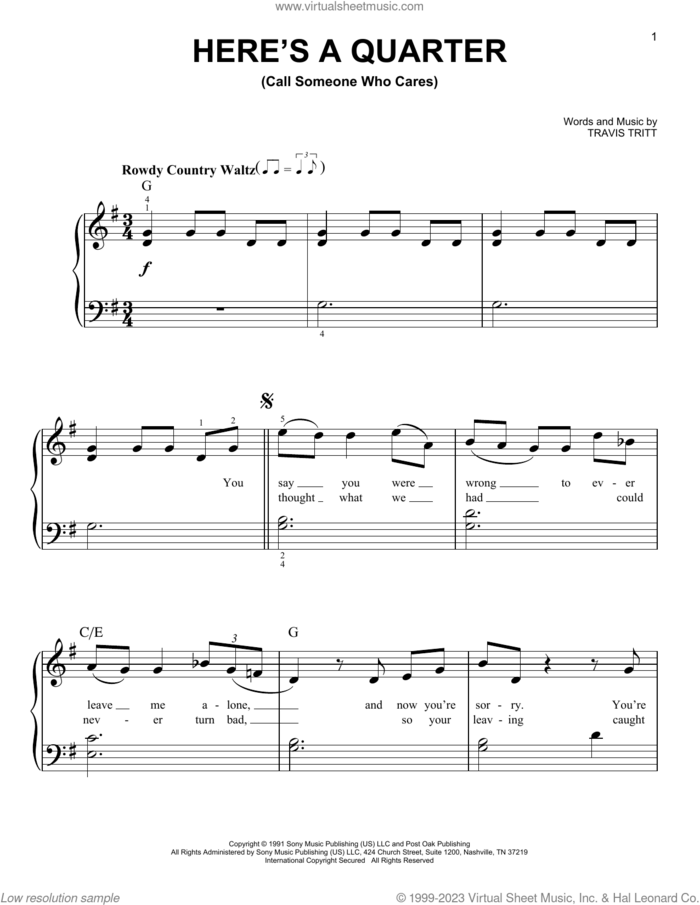 Here's A Quarter (Call Someone Who Cares) sheet music for piano solo by Travis Tritt, beginner skill level