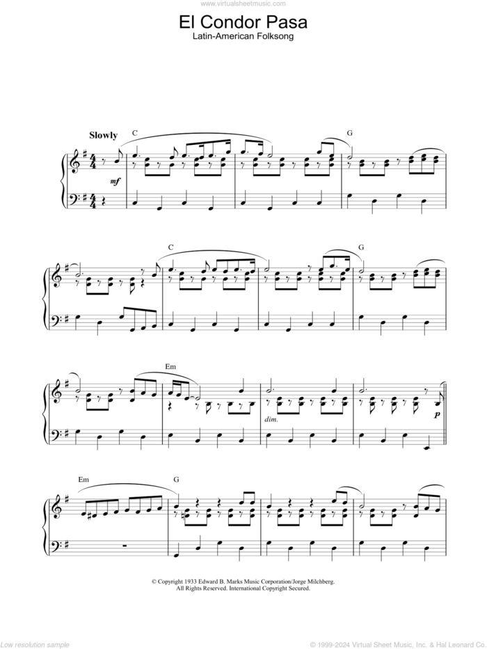 El Condor Pasa sheet music for piano solo, intermediate skill level