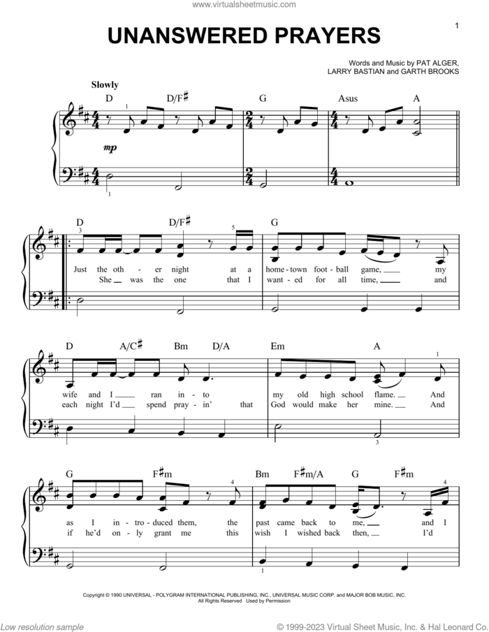 Unanswered Prayers sheet music for piano solo by Garth Brooks, Larry Bastian and Patrick Alger, beginner skill level