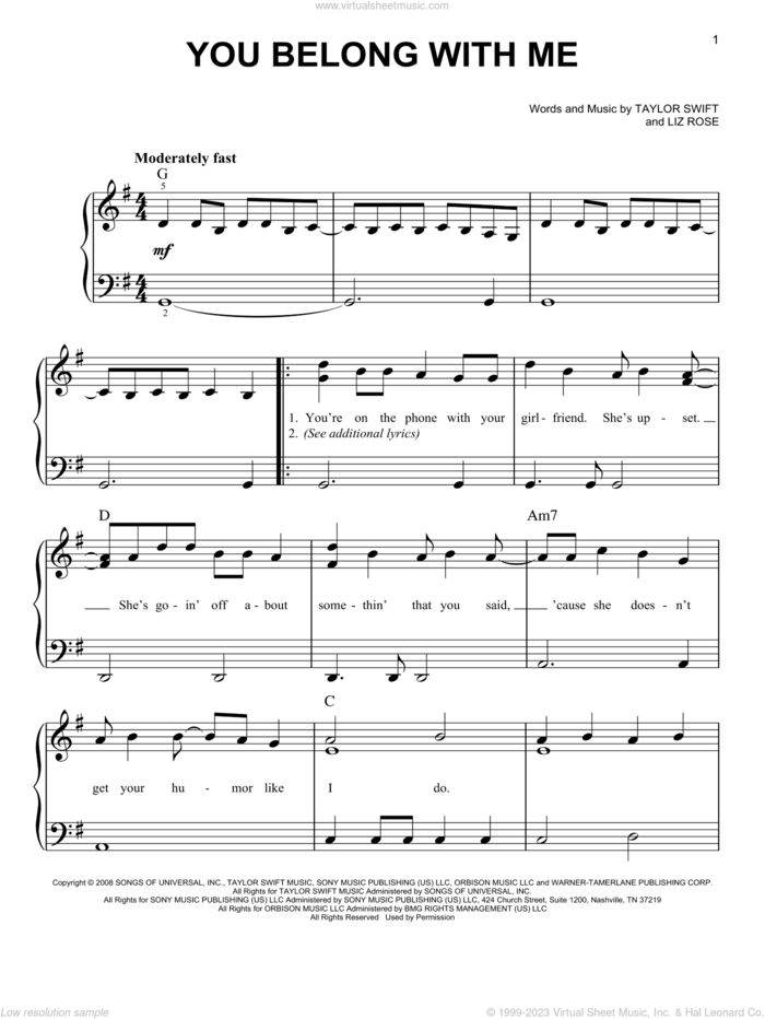 You Belong With Me, (beginner) sheet music for piano solo by Taylor Swift and Liz Rose, beginner skill level