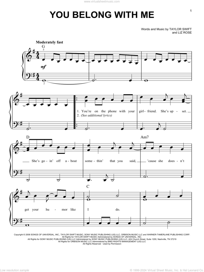 You Belong With Me, (beginner) sheet music for piano solo by Taylor Swift and Liz Rose, beginner skill level