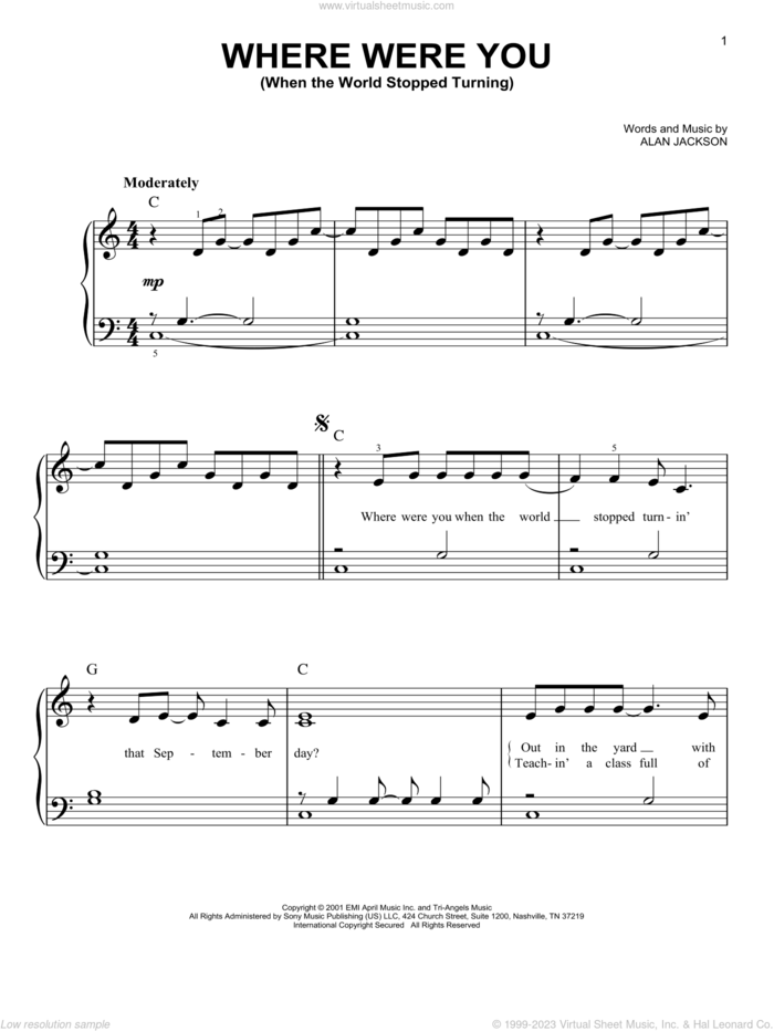 Where Were You (When The World Stopped Turning), (beginner) sheet music for piano solo by Alan Jackson, beginner skill level