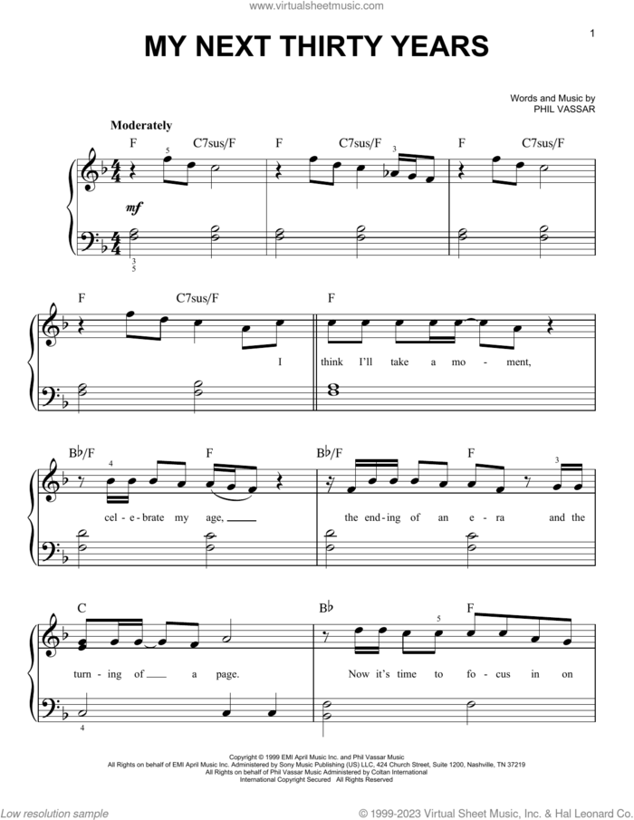 My Next Thirty Years sheet music for piano solo by Tim McGraw and Phil Vassar, beginner skill level