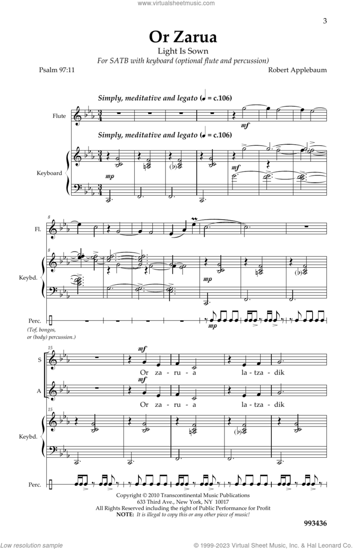 Or Zarua sheet music for choir (SATB: soprano, alto, tenor, bass) by Robert Applebaum, intermediate skill level